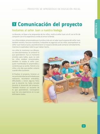Comunicación del proyecto3
Invitamos al señor Juan a nuestra bodega
La docente, en base a las propuestas de los niños, invitó al señor Juan a la IE con el fin de
compartir con él la experiencia vivida al armar la tienda.
Los niños estaban emocionados por la visita y más aún al saber que la esposa del señor Juan
también vendría. Para ese momento, la docente se organizó con los niños: acompañaron al
señor Juan hasta el aula y acondicionaron un espacio donde pudo sentarse cómodamente,
mientras le explicaban todo lo que habían hecho.
Los niños le mostraron sus dibujos,
sus descubrimientos; le contaron lo
que aprendieron. Fue un momento
emotivo para todos, pues no solo
los niños estaban emocionados,
también lo estaba el señor Juan,
quien manifestaba lo sorprendido y
contento que se sentía. Felicitó a los
niños y les dijo que podían visitarlo
cuando ellos quisieran.
Al finalizar el proyecto, hicieron un
recuentodetodaslasactividadesque
realizaron, recordaron anécdotas,
dificultades y vieron algunas fotos
que la docente les había tomado
durante el desarrollo del proyecto.
También hicieron un recuento de
lo que aprendieron. Concluyeron
que fue una experiencia en la que
disfrutaron todos.
PROYECTO6
PROYECTOS DE APRENDIZAJE EN EDUCACIÓN INICIAL
45
 