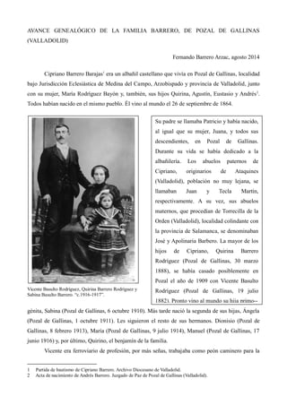 Un avance genealógico de la familia Barrero de Pozal de Gallinas (Valladolid) / Fernando Barrero Arzac