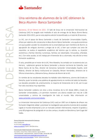 Una veintena de alumnos de la UIC obtienen la Beca Alumni- Banco Santander 