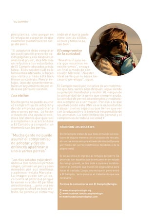 “EL CAMPITO”




postulantes, sino porque en                    lindo en el que la gente
el refugio se aseguran de que                  viene con las sillitas,
realmente puedan hacerse car-                  el mate y todos la pa-
go del perro.                                  san bien”.

“El adoptante debe completar                   El compromiso
un cuestionario previo de va-                  de la sociedad
rias páginas y eso después lo
analiza el grupo”, dice Marcela                “Nuestra utopía se-
en relación a los voluntarios                  ría que nosotros no
de El Campito abocados a esta                  existiéramos”, ensaya
tarea. Ellos deciden cuál es la                un final a modo de con-
familia más adecuada, le hacen                 clusión Marcela. “Nuestro
una visita y si todo está bien                 ideal sería que no fuese ne-
firman un contrato. Pero el re-                cesario un refugio”, sigue.
fugio, lejos de desentenderse,
hace un seguimiento de por vi-                 El Campito nació por iniciativa de un matrimo-
da a ese perro en cuestión.                    nio que hoy, varios años después, sigue siendo
                                               su principal benefactor y sostén. Al margen de
Las visitas                                    la solidaridad de la gente que siempre ayuda,
                                               la cantidad de perros abandonados y maltrata-
Mucha gente no puede asumir                    dos siempre va a ser mayor. Por eso a lo que
el compromiso de adoptar y                     apuntan desde esta ONG es a la necesidad de
decide entonces apadrinar a                    trabajar ciertos aspectos que tienen que ver
uno o varios perros. Lo hacen                  con la educación y la tenencia responsable de
a través de una ayuda econó-                   los animales: La concientización general y el
mica (del monto que quieran)                   FRPSURPLVR GH WRGD OD VRFLHGDG ‡
o simplemente acercándose
a El Campito a compartir un
momento con los perros.                          CÓMO SON LOS RESCATES

                                                 En El Campito tratan de que todo el mundo se invo-
“Mucha gente no puede
                                                 lucre de alguna manera con el proceso de rescate,
asumir el compromiso                             el cual se inicia siempre a través de internet (ya sea
de adoptar y decide                              por medio del correo electrónico, facebook o de la
entonces apadrinar a                             página web).
uno o varios perros”
                                                 Si se autoriza el ingreso al refugio del perro (la
“Los días sábados están desti-                   prioridad son aquellos que se encuentran en estado
nados a que todos los perritos                   de riesgo grave), se les pide a quienes estable-
salgan, caminen un poco y sean                   cieron el contacto que traten de organizarse para
mimados por sus madrinas                         hacer el traslado. Luego, una vez que el perro entró
y padrinos -relata Marcela-.                     a El Campito, “se lo pone en el tratamiento que sea
La imagen puede ser un po-
                                                 necesario”.
co fuerte al principio porque
te vienen a recibir 40 perritos
                                                 Formas de comunicarse con El Campito Refugio:
arrastrándose…, pero una vez
superado el shock es todo dis-                      www.elcampitorefugio.org
frute. Se genera un clima muy                       www.facebook.com/elcampitorefugio
                                                    madrinasdelcampito@gmail.com


32 - Obra Social de Viajantes Vendedores de la República Argentina
 