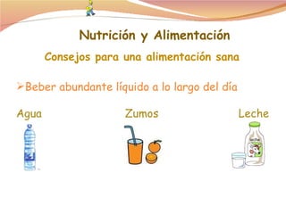 Beber abundante líquido a lo largo del día Agua  Zumos  Leche Nutrición y Alimentación Consejos para una alimentación sana 