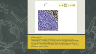 PROBABILITA’
Si consideri il quadrato di lato 1 ed il quarto di cerchio in esso inscritto.
Evidentemente, il rapporto tra l'area del quarto di cerchio e l'area del quadrato
equivale alla quarta parte di pigreco. L'idea è quella, alla Montecarlo; di contare,
fra i punti lanciati a caso nel quadrato, quelli che cadono dentro il cerchio. Il
rapporto tra il numero di questi ed il numero di quelli, moltiplicato per quattro,
fornisce una stima di pigreco.
 