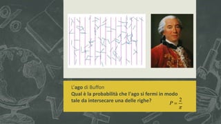 L’ago di Buffon
Qual è la probabilità che l'ago si fermi in modo
tale da intersecare una delle righe? 2
P


 
