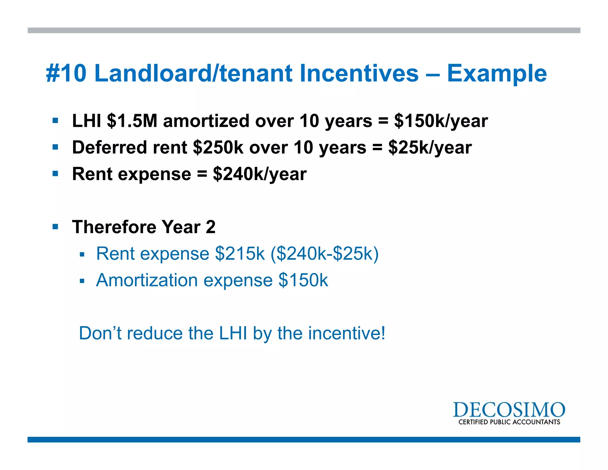  LHI $1.5M amortized over 10 years = $150k/year
 Deferred rent $250k over 10 years = $25k/year
 Rent expense = $240k/year
 Therefore Year 2
 Rent expense $215k ($240k-$25k)
 Amortization expense $150k
Don’t reduce the LHI by the incentive!
#10 Landloard/tenant Incentives – Example
 
