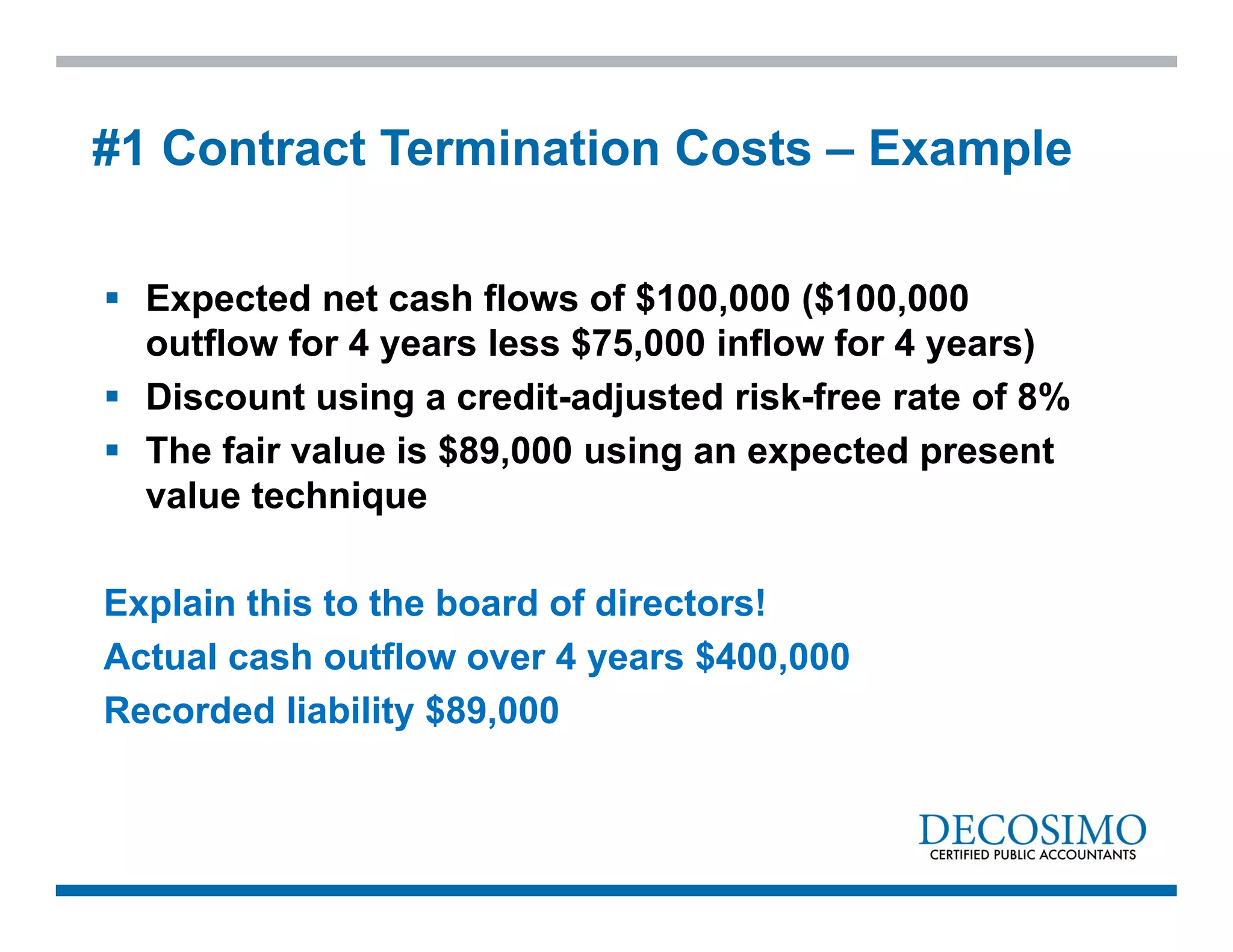 Expected net cash flows of $100,000 ($100,000
outflow for 4 years less $75,000 inflow for 4 years)
 Discount using a credit-adjusted risk-free rate of 8%
 The fair value is $89,000 using an expected present
value technique
Explain this to the board of directors!
Actual cash outflow over 4 years $400,000
Recorded liability $89,000
#1 Contract Termination Costs – Example
 