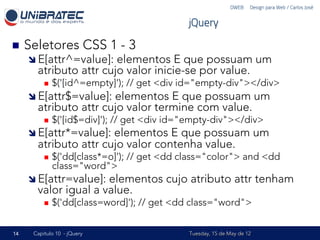 DWEB – Design para Web / Carlos José


                                                jQuery

n    Seletores CSS 1 - 3
      î  E[attr^=value]:elementos E que possuam um
        atributo attr cujo valor inicie-se por value.
           n    $('[id^=empty]'); // get <div id="empty-div"></div>
      î  E[attr$=value]:
                        elementos E que possuam um
        atributo attr cujo valor termine com value.
           n    $('[id$=div]'); // get <div id="empty-div"></div>
      î  E[attr*=value]:
                        elementos E que possuam um
        atributo attr cujo valor contenha value.
           n    $('dd[class*=o]'); // get <dd class="color"> and <dd
                 class="word">
      î  E[attr=value]:
                       elementos cujo atributo attr tenham
        valor igual a value.
           n    $('dd[class=word]'); // get <dd class="word">


14     Capítulo 10 - jQuery                     Tuesday, 15 de May de 12
 