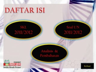 Keluar
SKL
2011/2012
Soal UN
2011/2012
Analisis &
Pembahasan
 