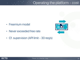 • Freemium model
• Never exceeded free rate
• Cf. supervision (API limit - 30 req/s)
45
Operating the platform - cost
 