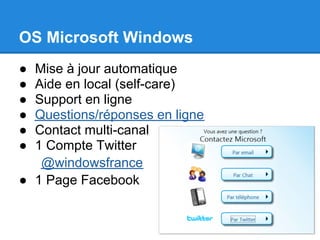 OS Microsoft Windows
● Mise à jour automatique
● Aide en local (self-care)
● Support en ligne
● Questions/réponses en ligne
● Contact multi-canal
● 1 Compte Twitter
   @windowsfrance
● 1 Page Facebook
 