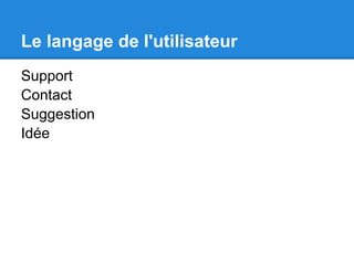 Le langage de l'utilisateur
Support
Contact
Suggestion
Idée
 