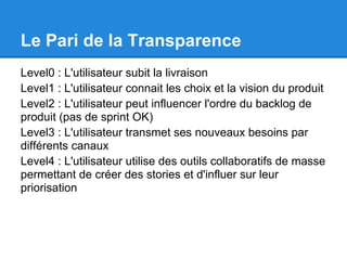 Le Pari de la Transparence
Level0 : L'utilisateur subit la livraison
Level1 : L'utilisateur connait les choix et la vision du produit
Level2 : L'utilisateur peut influencer l'ordre du backlog de
produit (pas de sprint OK)
Level3 : L'utilisateur transmet ses nouveaux besoins par
différents canaux
Level4 : L'utilisateur utilise des outils collaboratifs de masse
permettant de créer des stories et d'influer sur leur
priorisation
 