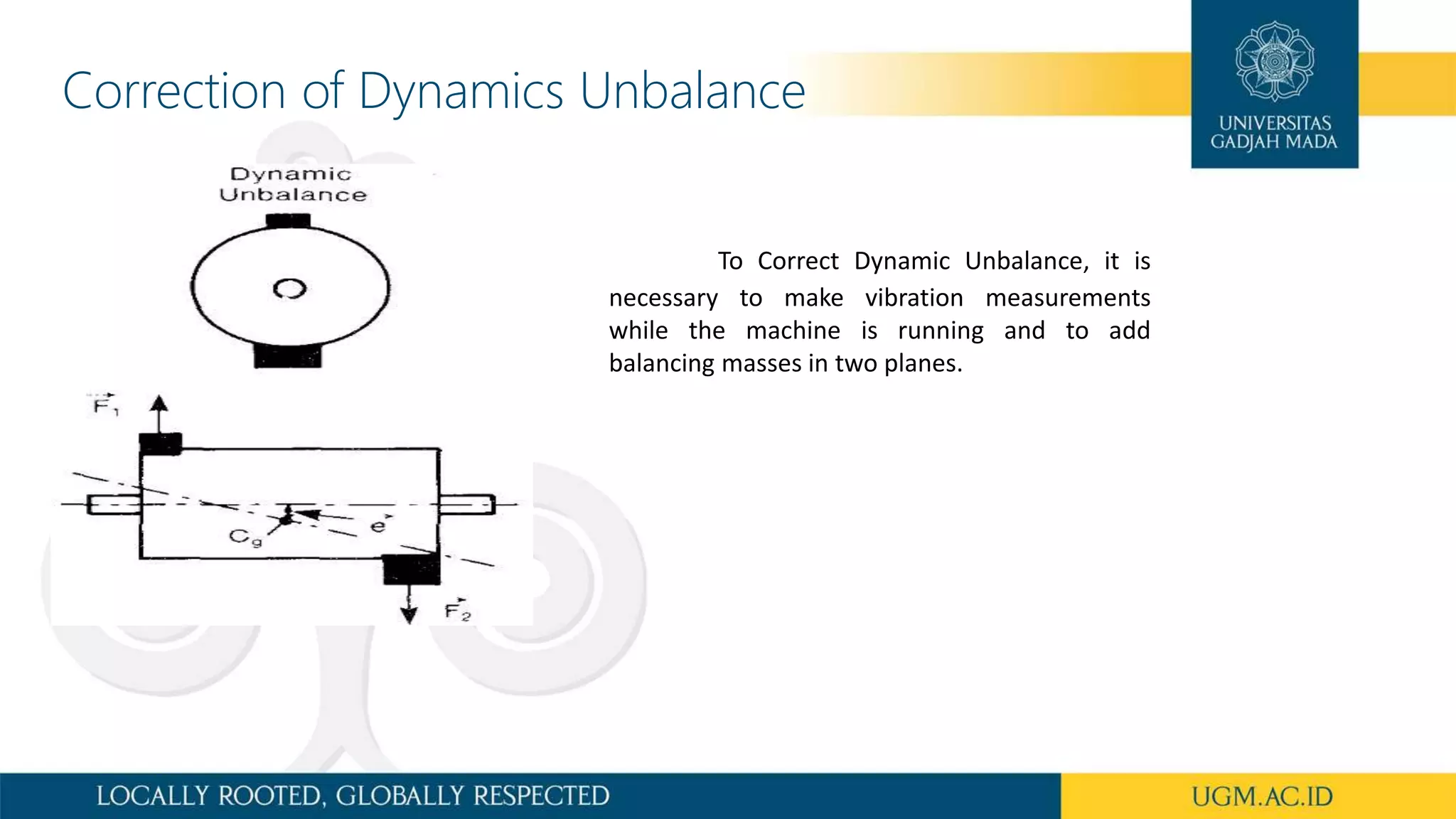 Correction of Dynamics Unbalance
To Correct Dynamic Unbalance, it is
necessary to make vibration measurements
while the machine is running and to add
balancing masses in two planes.
 