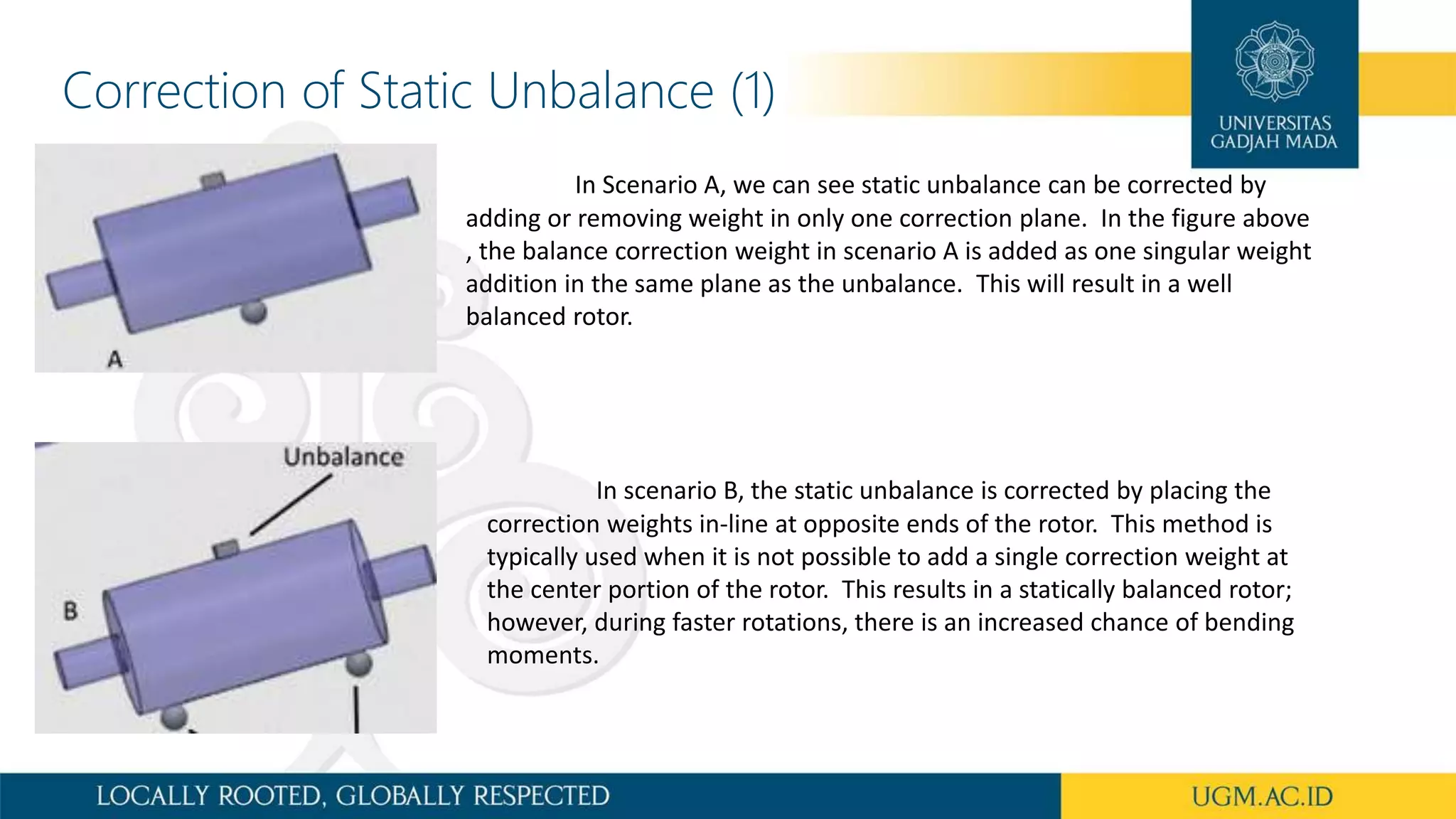 Correction of Static Unbalance (1)
In Scenario A, we can see static unbalance can be corrected by
adding or removing weight in only one correction plane. In the figure above
, the balance correction weight in scenario A is added as one singular weight
addition in the same plane as the unbalance. This will result in a well
balanced rotor.
In scenario B, the static unbalance is corrected by placing the
correction weights in-line at opposite ends of the rotor. This method is
typically used when it is not possible to add a single correction weight at
the center portion of the rotor. This results in a statically balanced rotor;
however, during faster rotations, there is an increased chance of bending
moments.
 