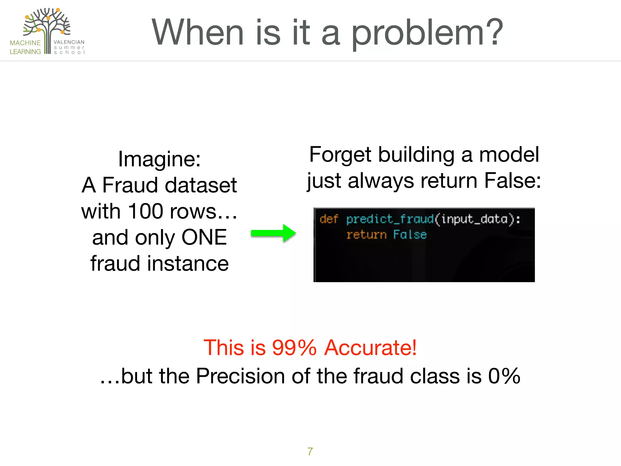 7
When is it a problem?
Imagine:

A Fraud dataset

with 100 rows…

and only ONE 

fraud instance
Forget building a model

just always return False:
This is 99% Accurate!
…but the Precision of the fraud class is 0%
 