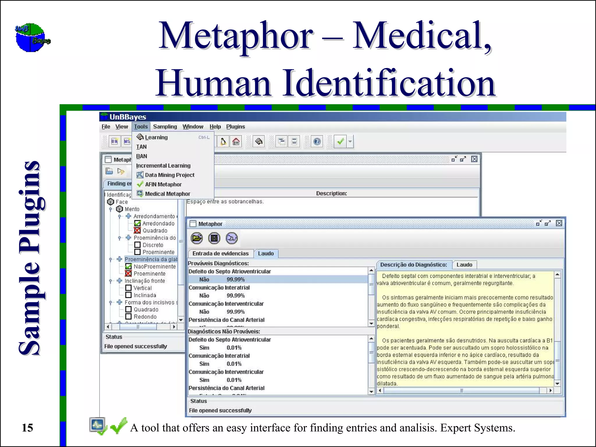 Metaphor – Medical,
                      Human Identification
Sample Plugins




 15              A tool that offers an easy interface for finding entries and analisis. Expert Systems.
 