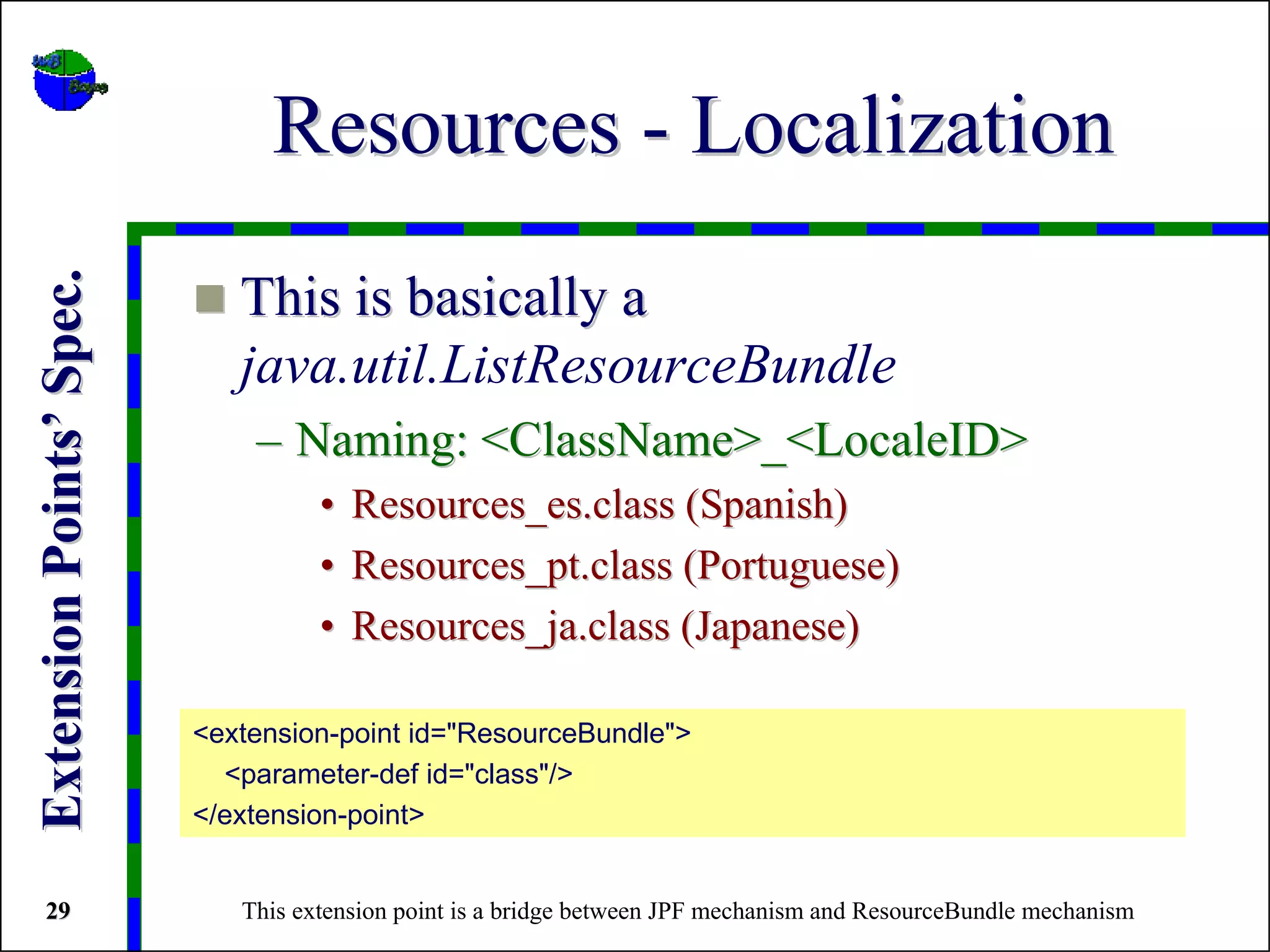 Resources - Localization
Extension Points’ Spec.



                             This is basically a
                             java.util.ListResourceBundle
                              – Naming: <ClassName>_<LocaleID>
                                    •   Resources_es.class (Spanish)
                                    •   Resources_pt.class (Portuguese)
                                    •   Resources_ja.class (Japanese)

                          <extension-point id="ResourceBundle">
                            <parameter-def id="class"/>
                          </extension-point>


 29                          This extension point is a bridge between JPF mechanism and ResourceBundle mechanism
 
