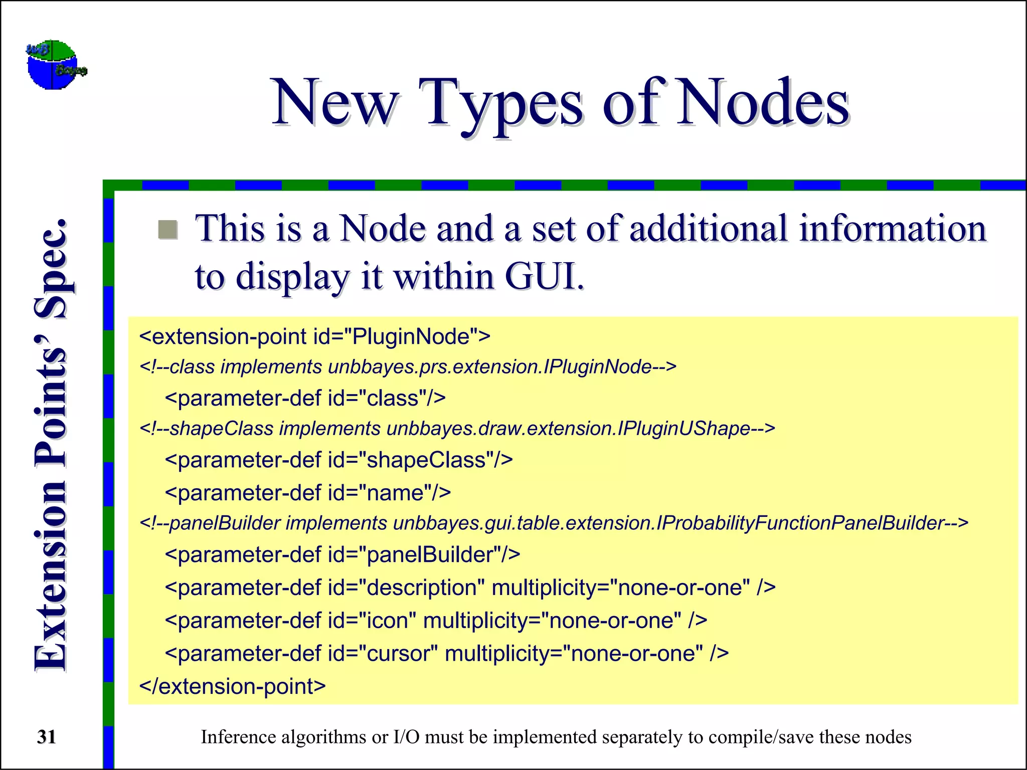 New Types of Nodes
                                This is a Node and a set of additional information
Extension Points’ Spec.



                                to display it within GUI.
                          <extension-point id="PluginNode">
                          <!--class implements unbbayes.prs.extension.IPluginNode-->
                            <parameter-def id="class"/>
                          <!--shapeClass implements unbbayes.draw.extension.IPluginUShape-->
                            <parameter-def id="shapeClass"/>
                            <parameter-def id="name"/>
                          <!--panelBuilder implements unbbayes.gui.table.extension.IProbabilityFunctionPanelBuilder-->
                            <parameter-def id="panelBuilder"/>
                            <parameter-def id="description" multiplicity="none-or-one" />
                            <parameter-def id="icon" multiplicity="none-or-one" />
                            <parameter-def id="cursor" multiplicity="none-or-one" />
                          </extension-point>

 31                             Inference algorithms or I/O must be implemented separately to compile/save these nodes
 