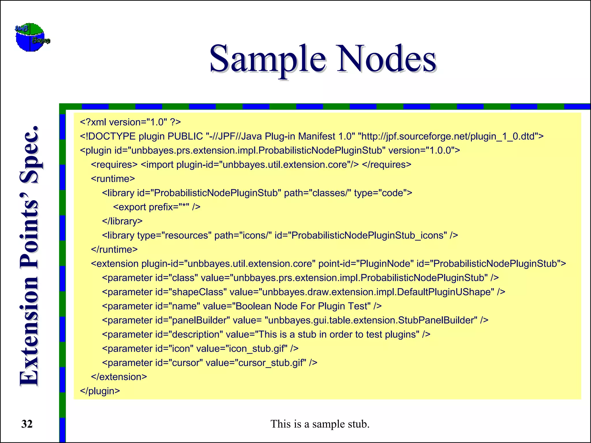 Sample Nodes
                          <?xml version="1.0" ?>
Extension Points’ Spec.


                          <!DOCTYPE plugin PUBLIC "-//JPF//Java Plug-in Manifest 1.0" "http://jpf.sourceforge.net/plugin_1_0.dtd">
                          <plugin id="unbbayes.prs.extension.impl.ProbabilisticNodePluginStub" version="1.0.0">
                            <requires> <import plugin-id="unbbayes.util.extension.core"/> </requires>
                            <runtime>
                               <library id="ProbabilisticNodePluginStub" path="classes/" type="code">
                                  <export prefix="*" />
                               </library>
                               <library type="resources" path="icons/" id="ProbabilisticNodePluginStub_icons" />
                            </runtime>
                            <extension plugin-id="unbbayes.util.extension.core" point-id="PluginNode" id="ProbabilisticNodePluginStub">
                               <parameter id="class" value="unbbayes.prs.extension.impl.ProbabilisticNodePluginStub" />
                               <parameter id="shapeClass" value="unbbayes.draw.extension.impl.DefaultPluginUShape" />
                               <parameter id="name" value="Boolean Node For Plugin Test" />
                               <parameter id="panelBuilder" value= "unbbayes.gui.table.extension.StubPanelBuilder" />
                               <parameter id="description" value="This is a stub in order to test plugins" />
                               <parameter id="icon" value="icon_stub.gif" />
                               <parameter id="cursor" value="cursor_stub.gif" />
                            </extension>
                          </plugin>


 32                                                                 This is a sample stub.
 