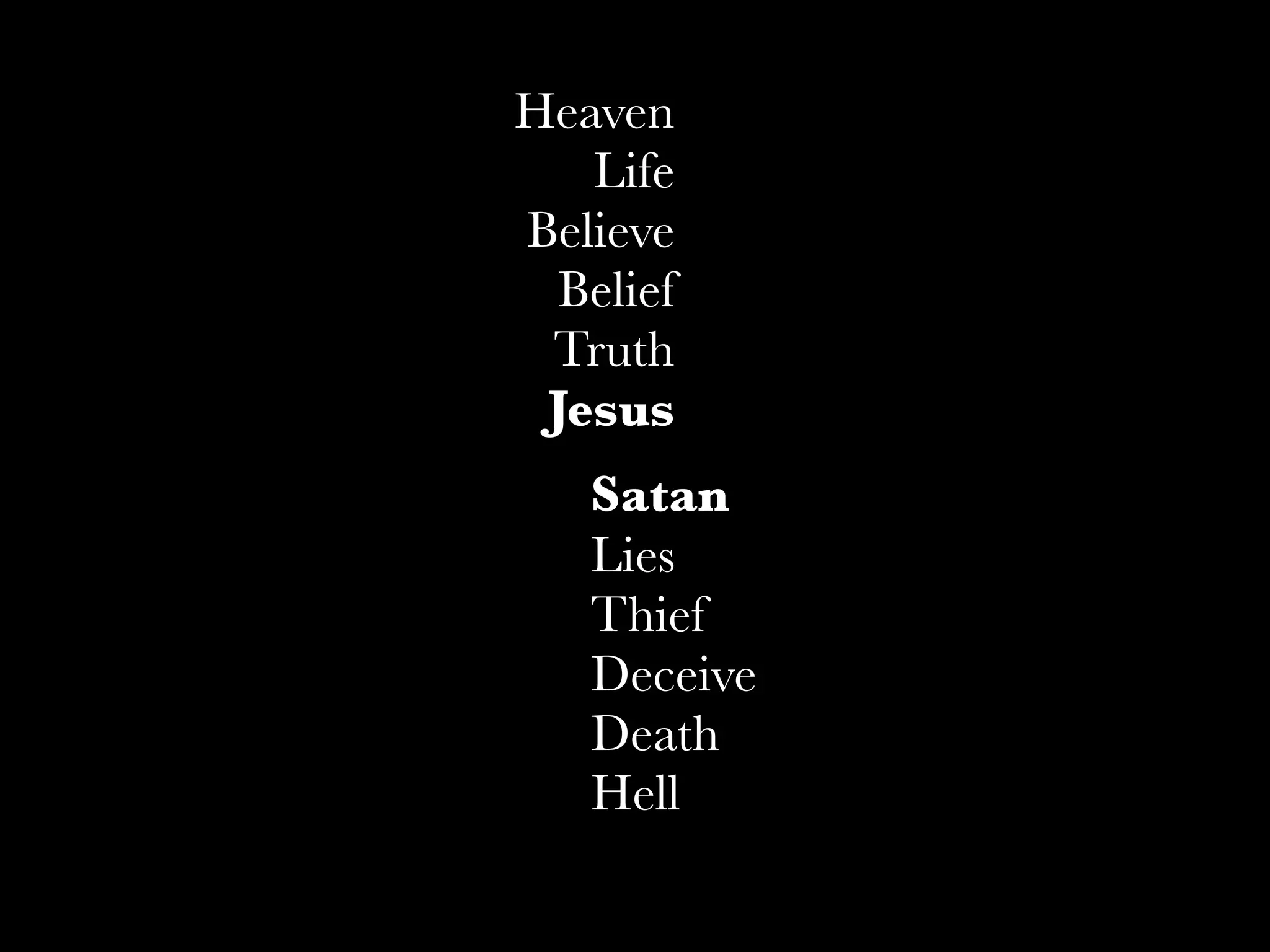 Heaven
   Life
Believe
  Belief
 Truth
 Jesus
   Satan
   Lies
   Thief
   Deceive
   Death
   Hell
 