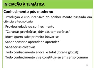 Conhecimento pós-moderno
. Produção e uso intensivo do conhecimento baseado em
ciência e tecnologia
. Provisoriedade do conhecimento
“Certezas provisórias, dúvidas temporárias”
. Inova quem sabe primeiro inovar-se
. Saber pensar e aprender a aprender
. Sabedorias coletivas
. Todo conhecimento é local e total (local e global)
. Todo conhecimento visa constituir-se em senso comum
32

 