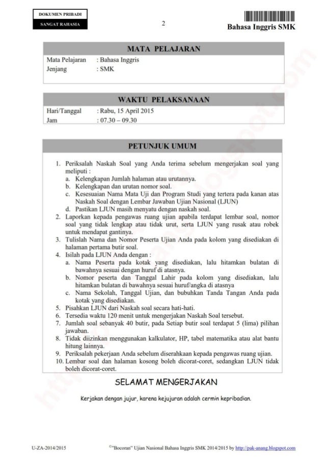 Soal Dan Kunci Jawaban Usbn Bahasa Inggris Smp Kurikulum 2013 Tahun Pelajaran 2018 2019 Didno76 Com