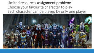 Limited resources assignment problem:
Choose your favourite character to play
Each character can be played by only one pla...