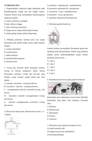 UN BIOLOGI 2011
1. Pengelompokan organisme dapat didasarkan pada
Keanekaragaman tingkat gen dan tingkat spesies.
Tanaman berikut yang menunjukkan keanekaragaman
tingkat gen adalah….
A. melon, mentimun, semangka
B. jahe, srikaya, mangga
C. jahe, temuireng, temulawak
D. bunga mawar, bunga melati,bunga kenanga
E. kelapa gading, kelapa hybrid, kelapa hijau
2. Dibidang pertanian, tanaman petai cina sangat
bermanfaat pada daerah tandus karena dapat berperan
sebagai….
A. sumber karbohidrat
B. sumber protein
C. bahan antibiotic
D. pemasok bahan pengurai
E. pemasok nitrat
3. Cacing pita termasuk dalam kelompok Cestoda.
Cacing ini bersifat endoparasit dalam saluran
Pencernaan vertebrata. Urutan dari fase-fase yang
Dialami cacing tersebut setelah keluar dari telur
adalah…..
A. onkosfer–sisteserkus—cacing pita dewasa
B. sisteserkus—onkosfer—cacing pita dewasa
C. cacingpitamuda–onkosfer–sisteserkus-Cacing pita
dewasa
D. sisteserkus—onkosfer—cacingpitamuda—Cacing
pita dewasa
E. onkosfer—cacingpitamuda—sisteserkus—Cacing
pita dewasa
4. Skema daur hidup lumut. Berturut-turut nomor 1–2–
3 adalah….
A. protalium—spermatozoid—tumbuhanlumut
B. protonema–spermatozoid—sporogonium
C. protonema—ovum—tumbuhan lumut
D. protalium—ovum–sporogonium
E. protalium–spermatozoid-sporogonium
5. Perhatikan gambar berikut ini.
Gambar tersebut menunjukkan Pembuahan ganda dari
tumbuhan kelas Dicotyledonae. Embrio yang terbentuk
didalam proses perkembangbiakan terjadi melalui
peleburan antara nomor….
A. 1 dan 2
B. 1 dan 3
C. 1 dan 4
D. 2 dan 5
E. 3 dan 5
6. Perhatikan hewan-hewan pada gambar berikutini!
Berdasarkan jenis makanannya, hewan diatas Memiliki
kekerabatan yang dekat, yaitu ketiganya Termasuk
ordo….
A. Rodentia
B. Monotremata
C. Marsupialia
D. Primata
E. Carnivora
7. Ditemukan suatu organisme dengan ciri-ciri:
(1) tubuh memiliki sisik
(2) rangka tersusun atas endoskeleton
(3) bertulang belakang
 