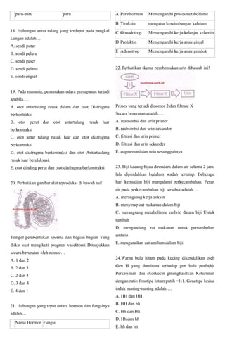 paru-paru paru
18. Hubungan antar tulang yang terdapat pada pangkal
Lengan adalah…
A. sendi putar
B. sendi peluru
C. sendi geser
D. sendi pelana
E. sendi engsel
19. Pada manusia, pemasukan udara pernapasan terjadi
apabila….
A. otot antartulang rusuk dalam dan otot Diafragma
berkontraksi
B. otot perut dan otot antartulang rusuk luar
berkontraksi
C. otot antar tulang rusuk luar dan otot diafragma
berkontraksi
D. otot diafragma berkontraksi dan otot Antartualang
rusuk luar berelaksasi.
E. otot dinding perut dan otot diafragma berkontraksi
20. Perhatikan gambar alat reproduksi di bawah ini!
Tempat pembentukan sperma dan bagian bagian Yang
diikat saat mengikuti program vasektomi Ditunjukkan
secara berurutan oleh nomor…
A. 1 dan 2
B. 2 dan 3
C. 2 dan 4
D. 3 dan 4
E. 4 dan 1
21. Hubungan yang tepat antara hormon dan fungsinya
adalah…
Nama Hormon Fungsi
A Parathormon Memengaruhi prosesmetabolisme
B Tiroksin mengatur keseimbangan kalsium
C Gonadotrop Memengaruhi kerja kelenjar kelamin
D Prolaktin Memengaruhi kerja anak ginjal
E Adenotrop Memengaruhi kerja anak gondok
22. Perhatikan skema pembentukan urin dibawah ini!
Proses yang terjadi dinomor 2 dan filtrate X
Secara berurutan adalah….
A. reabsorbsi dan urin primer
B. reabsorbsi dan urin sekunder
C. filtrasi dan urin primer
D. filtrasi dan urin sekunder
E. augmentasi dan urin sesungguhnya
23. Biji kacang hijau direndam dalam air selama 2 jam,
lalu dipindahkan kedalam wadah tertutup. Beberapa
hari kemudian biji mengalami perkecambahan. Peran
air pada perkecambahan biji tersebut adalah….
A. merangsang kerja auksin
B. menyerap zat makanan dalam biji
C. merangsang metabolisme embrio dalam biji Untuk
tumbuh
D. mengandung zat makanan untuk pertumbuhan
embrio
E. menguraikan zat amilum dalam biji
24.Warna bulu hitam pada kucing dikendalikan oleh
Gen H yang dominant terhadap gen bulu putih(h).
Perkawinan dua ekorkucin gmenghasilkan Keturunan
dengan ratio fenotipe hitam:putih =1:1. Genotipe kedua
induk masing-masing adalah….
A. HH dan HH
B. HH dan hh
C. Hh dan Hh
D. Hh dan hh
E. hh dan hh
 