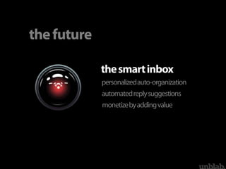 thefuture
thesmartinbox
personalizedauto-organization
automatedreplysuggestions
monetizebyaddingvalue
 