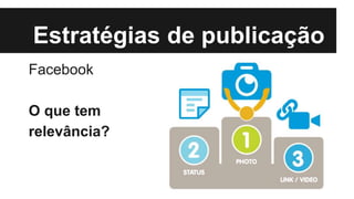 Estratégias de publicação
Facebook
O que tem
relevância?
 