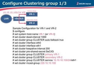 Configure Clustering group 1/3
VR-1
VR-2
LAN vSwitch
Primary Node
Secondary Node
10.10.10.100/24 VIP
Sample Configuration for VR-1 and VR-2
$ configure
# set system host-name VR-1 (or VR-2)
# set cluster dead-interval 1000
# set cluster group CLUSTER auto-failback true
# set cluster interface eth0
# set cluster interface eth1
# set cluster keepalive-interval 200
# set cluster pre-shared-secret SeCrEt
# set cluster group CLUSTER primary VR-1
# set cluster group CLUSTER secondary VR-2
# set cluster group CLUSTER service 10.10.10.100/24/eth1
# set cluster mcast-group 239.10.10.100
 