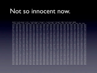 Not so innocent now.
SELECT ""stuff_thing"".""id"", ""stuff_thing"".""thing1"", ""stuff_thing"".""thing2"" FROM ""stuff_thing"" WHERE
""stuff_thing"".""id"" IN (3702, 3705, 3708, 3711, 3714, 3717, 3720, 3723, 3726, 3729, 3732, 3735, 3738, 3741, 3744, 3747, 3750,
3753, 3756, 3759, 3762, 3765, 3768, 3771, 3774, 3777, 3780, 3783, 3786, 3789, 3792, 3795, 3798, 3801, 3804, 3807, 3810, 3813, 3816,
3819, 3822, 3825, 3828, 3831, 3834, 3837, 3840, 3843, 3846, 3849, 3852, 3855, 3858, 3861, 3864, 3867, 3870, 3873, 3876, 3879, 3882,
3885, 3888, 3891, 3894, 3897, 3900, 3903, 3906, 3909, 3912, 3915, 3918, 3921, 3924, 3927, 3930, 3933, 3936, 3939, 3942, 3945, 3948,
3951, 3954, 3957, 3960, 3963, 3966, 3969, 3972, 3975, 3978, 3981, 3984, 3987, 3990, 3993, 3996, 3999, 4002, 4005, 4008, 4011, 4014,
4017, 4020, 4023, 4026, 4029, 4032, 4035, 4038, 4041, 4044, 4047, 4050, 4053, 4056, 4059, 4062, 4065, 4068, 4071, 4074, 4077, 4080,
4083, 4086, 4089, 4092, 4095, 4098, 4101, 4104, 4107, 4110, 4113, 4116, 4119, 4122, 4125, 4128, 4131, 4134, 4137, 4140, 4143, 4146,
4149, 4152, 4155, 4158, 4161, 4164, 4167, 4170, 4173, 4176, 4179, 4182, 4185, 4188, 4191, 4194, 4197, 4200, 4203, 4206, 4209, 4212,
4215, 4218, 4221, 4224, 4227, 4230, 4233, 4236, 4239, 4242, 4245, 4248, 4251, 4254, 4257, 4260, 4263, 4266, 4269, 4272, 4275, 4278,
4281, 4284, 4287, 4290, 4293, 4296, 4299, 4302, 4305, 4308, 4311, 4314, 4317, 4320, 4323, 4326, 4329, 4332, 4335, 4338, 4341, 4344,
4347, 4350, 4353, 4356, 4359, 4362, 4365, 4368, 4371, 4374, 4377, 4380, 4383, 4386, 4389, 4392, 4395, 4398, 4401, 4404, 4407, 4410,
4413, 4416, 4419, 4422, 4425, 4428, 4431, 4434, 4437, 4440, 4443, 4446, 4449, 4452, 4455, 4458, 4461, 4464, 4467, 4470, 4473, 4476,
4479, 4482, 4485, 4488, 4491, 4494, 4497, 4500, 4503, 4506, 4509, 4512, 4515, 4518, 4521, 4524, 4527, 4530, 4533, 4536, 4539, 4542,
4545, 4548, 4551, 4554, 4557, 4560, 4563, 4566, 4569, 4572, 4575, 4578, 4581, 4584, 4587, 4590, 4593, 4596, 4599, 4602, 4605, 4608,
4611, 4614, 4617, 4620, 4623, 4626, 4629, 4632, 4635, 4638, 4641, 4644, 4647, 4650, 4653, 4656, 4659, 4662, 4665, 4668, 4671, 4674,
4677, 4680, 4683, 4686, 4689, 4692, 4695, 4698, 4701, 4704, 4707, 4710, 4713, 4716, 4719, 4722, 4725, 4728, 4731, 4734, 4737, 4740,
4743, 4746, 4749, 4752, 4755, 4758, 4761, 4764, 4767, 4770, 4773, 4776, 4779, 4782, 4785, 4788, 4791, 4794, 4797, 4800, 4803, 4806,
4809, 4812, 4815, 4818, 4821, 4824, 4827, 4830, 4833, 4836, 4839, 4842, 4845, 4848, 4851, 4854, 4857, 4860, 4863, 4866, 4869, 4872,
4875, 4878, 4881, 4884, 4887, 4890, 4893, 4896, 4899, 4902, 4905, 4908, 4911, 4914, 4917, 4920, 4923, 4926, 4929, 4932, 4935, 4938,
4941, 4944, 4947, 4950, 4953, 4956, 4959, 4962, 4965, 4968, 4971, 4974, 4977, 4980, 4983, 4986, 4989, 4992, 4995, 4998, 5001, 5004,
5007, 5010, 5013, 5016, 5019, 5022, 5025, 5028, 5031, 5034, 5037, 5040, 5043, 5046, 5049, 5052, 5055, 5058, 5061, 5064, 5067, 5070,
5073, 5076, 5079, 5082, 5085, 5088, 5091, 5094, 5097, 5100, 5103, 5106, 5109, 5112, 5115, 5118, 5121, 5124, 5127, 5130, 5133, 5136,
5139, 5142, 5145, 5148, 5151, 5154, 5157, 5160, 5163, 5166, 5169, 5172, 5175, 5178, 5181, 5184, 5187, 5190, 5193, 5196, 5199, 5202,
5205, 5208, 5211, 5214, 5217, 5220, 5223, 5226, 5229, 5232, 5235, 5238, 5241, 5244, 5247, 5250, 5253, 5256, 5259, 5262, 5265, 5268,
5271, 5274, 5277, 5280, 5283, 5286, 5289, 5292, 5295, 5298, 5301, 5304, 5307, 5310, 5313, 5316, 5319, 5322, 5325, 5328, 5331, 5334,
5337, 5340, 5343, 5346, 5349, 5352, 5355, 5358, 5361, 5364, 5367, 5370, 5373, 5376, 5379, 5382, 5385, 5388, 5391, 5394, 5397, 5400,
5403, 5406, 5409, 5412, 5415, 5418, 5421, 5424, 5427, 5430, 5433, 5436, 5439, 5442, 5445, 5448, 5451, 5454, 5457, 5460, 5463, 5466,
5469, 5472, 5475, 5478, 5481, 5484, 5487, 5490, 5493, 5496, 5499, 5502, 5505, 5508, 5511, 5514, 5517, 5520, 5523, 5526, 5529, 5532,
5535, 5538, 5541, 5544, 5547, 5550, 5553, 5556, 5559, 5562, 5565, 5568, 5571, 5574, 5577, 5580, 5583, 5586, 5589, 5592, 5595, 5598,
5601, 5604, 5607, 5610, 5613, 5616, 5619, 5622, 5625, 5628, 5631, 5634, 5637, 5640, 5643, 5646, 5649, 5652, 5655, 5658, 5661, 5664,
5667, 5670, 5673, 5676, 5679, 5682, 5685, 5688, 5691, 5694, 5697, 5700, 5703, 5706, 5709, 5712, 5715, 5718, 5721, 5724, 5727, 5730,
5733, 5736, 5739, 5742, 5745, 5748, 5751, 5754, 5757, 5760, 5763, 5766, 5769, 5772, 5775, 5778, 5781, 5784, 5787, 5790, 5793, 5796,
5799, 5802, 5805, 5808, 5811, 5814, 5817, 5820, 5823, 5826, 5829, 5832, 5835, 5838, 5841, 5844, 5847, 5850, 5853, 5856, 5859, 5862,
5865, 5868, 5871, 5874, 5877, 5880, 5883, 5886, 5889, 5892, 5895, 5898, 5901, 5904, 5907, 5910, 5913, 5916, 5919, 5922, 5925, 5928,
 