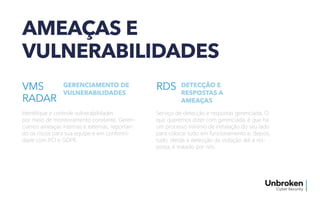 AMEAÇAS E
VULNERABILIDADES
VMS
RADAR
GERENCIAMENTO DE
VULNERABILIDADES
Identifique e controle vulnerabilidades
por meio de monitoramento constante. Geren-
ciamos ameaças internas e externas, reportan-
do os riscos para sua equipe e em conformi-
dade com PCI e GDPR.
RDS DETECÇÃO E
RESPOSTAS A
AMEAÇAS
Serviço de detecção e respostas gerenciada. O
que queremos dizer com gerenciada, é que há
um processo mínimo de instalação do seu lado
para colocar tudo em funcionamento e, depois,
tudo, desde a detecção da violação até a res-
posta, é tratado por nós.
 