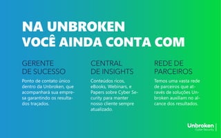 NA UNBROKEN
VOCÊ AINDA CONTA COM
GERENTE
DE SUCESSO
Ponto de contato único
dentro da Unbroken, que
acompanhará sua empre-
sa garantindo os resulta-
dos traçados.
CENTRAL
DE INSIGHTS
Conteúdos ricos,
eBooks, Webinars, e
Papers sobre Cyber Se-
curity para manter
nosso cliente sempre
atualizado.
REDE DE
PARCEIROS
Temos uma vasta rede
de parceiros que at-
ravés de soluções Un-
broken auxiliam no al-
cance dos resultados.
 