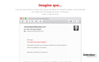 Certo dia, igual a todos os outros, Paul Layman presidente do Hospital Sunnylake, muito conhecido
por implementar tecnologias de ponta na instituição,
recebe o seguinte email.
Imagine que...
Johnwelthye78@sendme.com
Olá amigo,
Sua rede está desprotegida!
Mas podemos resolver isso. Por apenas US$100 mil em bitcoin podemos
evitar uma tragédia no seu negócio.
Responda o email para conversarmos.
Sua rede está desprotegida
playman@slhospital.com
Assunto: Sua rede está desprotegida
 
