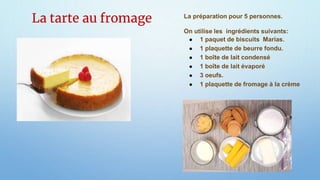 La préparation pour 5 personnes.
On utilise les ingrédients suivants:
● 1 paquet de biscuits Marías.
● 1 plaquette de beurre fondu.
● 1 boîte de lait condensé
● 1 boîte de lait évaporé
● 3 oeufs.
● 1 plaquette de fromage à la crème
La tarte au fromage
 