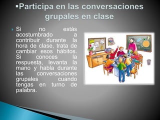  Si no estás
acostumbrado a
contribuir durante la
hora de clase, trata de
cambiar esos hábitos.
Si conoces la
respuesta, levanta la
mano y habla durante
las conversaciones
grupales cuando
tengas en turno de
palabra.
 