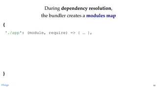 DuringDuring dependency resolutiondependency resolution,,
the bundler creates athe bundler creates a modules mapmodules map
{ 
 
 
 
 
 
 
 
} 
'./app': (module, require) => { … },
@loige 63
 