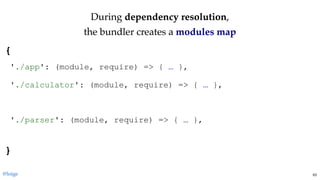 DuringDuring dependency resolutiondependency resolution,,
the bundler creates athe bundler creates a modules mapmodules map
{ 
 
 
 
 
 
 
 
} 
'./app': (module, require) => { … },
'./calculator': (module, require) => { … },
'./parser': (module, require) => { … },
@loige 63
 