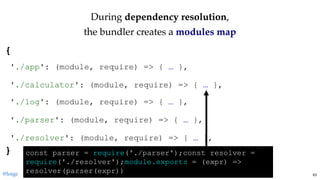 DuringDuring dependency resolutiondependency resolution,,
the bundler creates athe bundler creates a modules mapmodules map
{ 
 
 
 
 
 
 
 
} 
'./app': (module, require) => { … },
'./calculator': (module, require) => { … },
'./log': (module, require) => { … },
'./parser': (module, require) => { … },
'./resolver': (module, require) => { … },
const parser = require('./parser');const resolver = 
require('./resolver');module.exports = (expr) => 
resolver(parser(expr))@loige 63
 