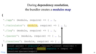 DuringDuring dependency resolutiondependency resolution,,
the bundler creates athe bundler creates a modules mapmodules map
{ 
 
 
 
 
 
 
 
} 
'./app': (module, require) => { … },
'./calculator': (module, require) => { … },
'./log': (module, require) => { … },
'./parser': (module, require) => { … },
'./resolver': (module, require) => { … },
const parser = require('./parser');const resolver = 
require('./resolver');module.exports = (expr) => 
resolver(parser(expr))@loige 63
 