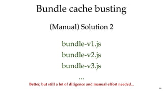 Bundle cache bustingBundle cache busting
(Manual) Solution 2(Manual) Solution 2
bundle-v1.js
bundle-v2.js
bundle-v3.js
...
Better, but still a lot of diligence and manual effort needed...
84
 