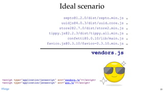 Ideal scenarioIdeal scenario
zepto@1.2.0/dist/zepto.min.js 
uuidjs@4.0.3/dist/uuid.core.js 
store2@2.7.0/dist/store2.min.js 
 tippy.js@2.2.3/dist/tippy.all.min.js 
confetti@0.0.10/lib/main.js 
 favico.js@0.3.10/favico­0.3.10.min.js
vendors.js
+ 
+ 
+ 
+ 
+ 
=
@loige 23
 