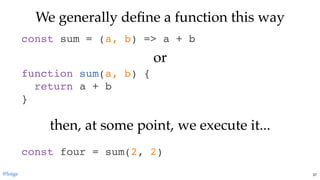 We generally deﬁne a function this wayWe generally deﬁne a function this way
const sum = (a, b) => a + b
function sum(a, b) {
return a + b
}
oror
then, at some point, we execute it...then, at some point, we execute it...
const four = sum(2, 2)
@loige 37
 