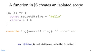 A function in JS creates an isolated scopeA function in JS creates an isolated scope
(a, b) => {
const secretString = "Hello"
return a + b
}
console.log(secretString) // undefined
secretStringsecretString is not visible outside the functionis not visible outside the function
@loige 38
 