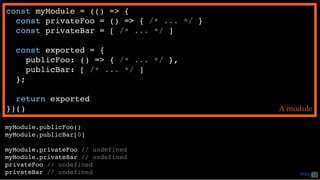const myModule = (() => {
const privateFoo = () => { /* ... */ }
const privateBar = [ /* ... */ ]
const exported = {
publicFoo: () => { /* ... */ },
publicBar: [ /* ... */ ]
};
return exported
})() A module
myModule.publicFoo()
myModule.publicBar[0]
myModule.privateFoo // undefined
myModule.privateBar // undefined
privateFoo // undefined
privateBar // undefined @loige42
 