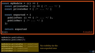 const myModule = (() => {
const privateFoo = () => { /* ... */ }
const privateBar = [ /* ... */ ]
const exported = {
publicFoo: () => { /* ... */ },
publicBar: [ /* ... */ ]
};
return exported
})() A module
myModule.publicFoo()
myModule.publicBar[0]
myModule.privateFoo // undefined
myModule.privateBar // undefined
privateFoo // undefined
privateBar // undefined
No visibility for the
non-exported ones
@loige42
 