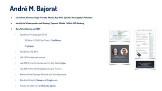 André M. Bajorat
‣ Consultant, Business Angel, Founder, Mentor, Key-Note Speaker, Herausgeber, Podcaster
‣ Inhaltliche Schwerpunkte sind Banking, Payment, Mobile, FinTech, API-Banking
‣ Beruﬂiche Historie seit 1997
• Sparkassen Finanzgruppe 97-09
- SK Online // M.d.Gl. Star Finanz / StarMoney
- GF giropay
• NumberFour AG 09-11
• 2011-2015 Inhaber amb consult
• seit 2012 GF und Co-Founder des Fin-Tech StartUps ﬁgo
• seit 2015 Partner der Strategieberatung KI-Finance
• Mentor bei Axel Springer, Microsoft und Starupbootcamp
• Beirat bei Fintechs FinLeap und Cringle sowie
• Initiator der Wahl zum „FinTech des Jahres“
2
 