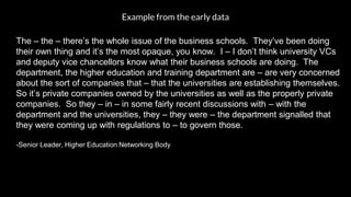 The – the – there’s the whole issue of the business schools. They’ve been doing
their own thing and it’s the most opaque, you know. I – I don’t think university VCs
and deputy vice chancellors know what their business schools are doing. The
department, the higher education and training department are – are very concerned
about the sort of companies that – that the universities are establishing themselves.
So it’s private companies owned by the universities as well as the properly private
companies. So they – in – in some fairly recent discussions with – with the
department and the universities, they – they were – the department signalled that
they were coming up with regulations to – to govern those.
-Senior Leader, Higher Education Networking Body
Example from the early data
 