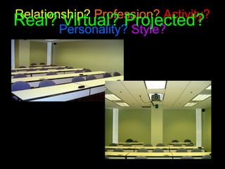 Relationship?   Profession?   Activity?   Personality?   Style? Real? Virtual? Projected? 
